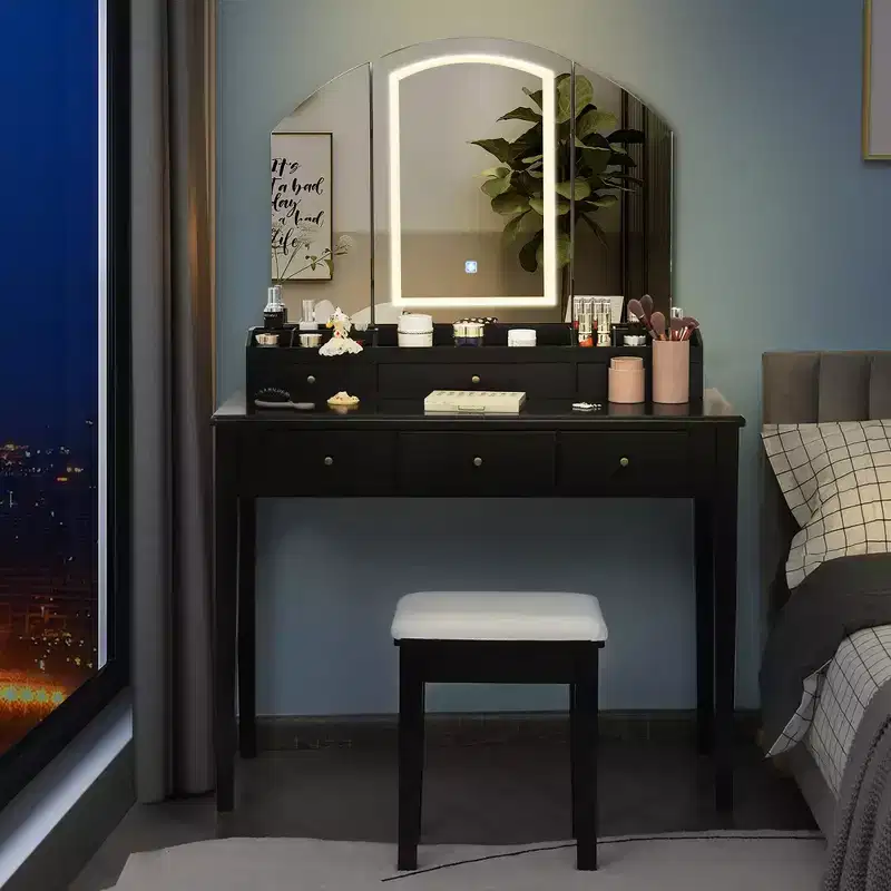 Costway Vanity Table Stool Set Large Tri-folding Lighted Mirror 6 Drawer Dresser White\Black