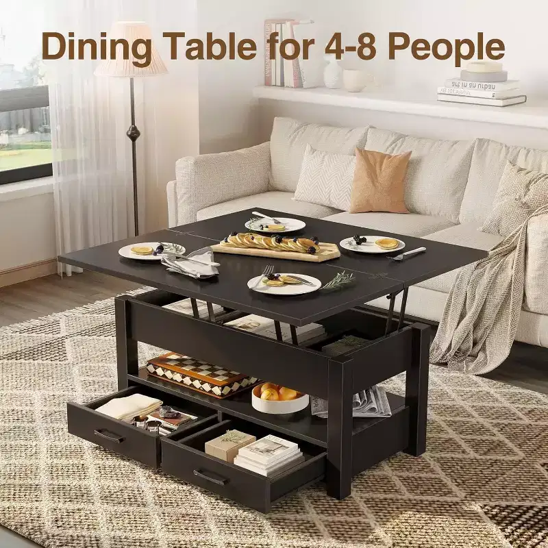 Lift-Top Coffee Table with Adjustable Height  Modern Wooden Center Table with 2 Storage Drawers & Hidden Compartment  Walnut Brown or Black