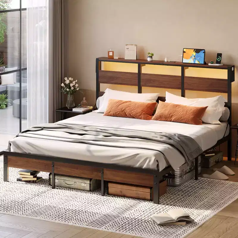 Queen Bed Frame with LED, Metal Platform Bed with Storage Headboard & Charging Station, Walnut