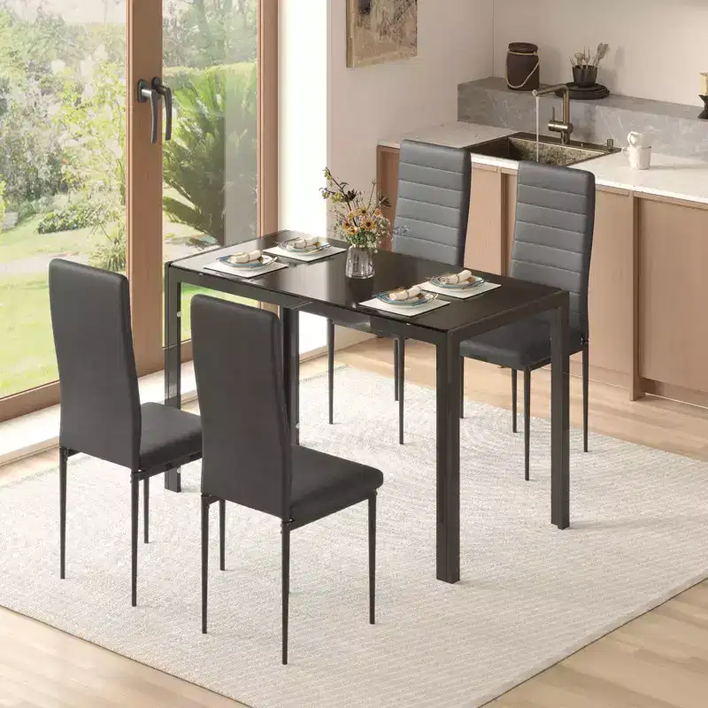 EROMMY Ebern Designs 5-Piece Glass Top Dining Table Set, Kitchen Table And 4 Luxury Faux Leather Chairs, Black