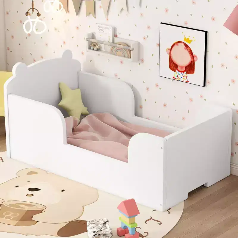 Okak Bear-Shaped Floor Bed for Ages 3-6, Toddler Bed Frame with Safety Fence, Cute Animal-Shaped Kids Bed