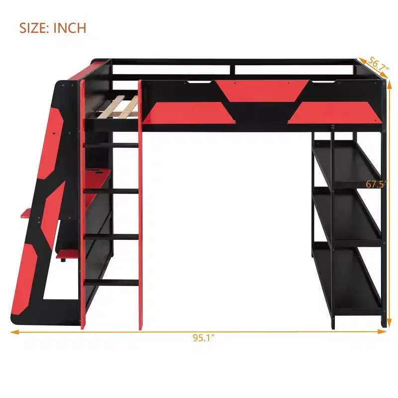 Luxystar Full Gaming Loft Bed with Desk, Storrage Shelves and Lights