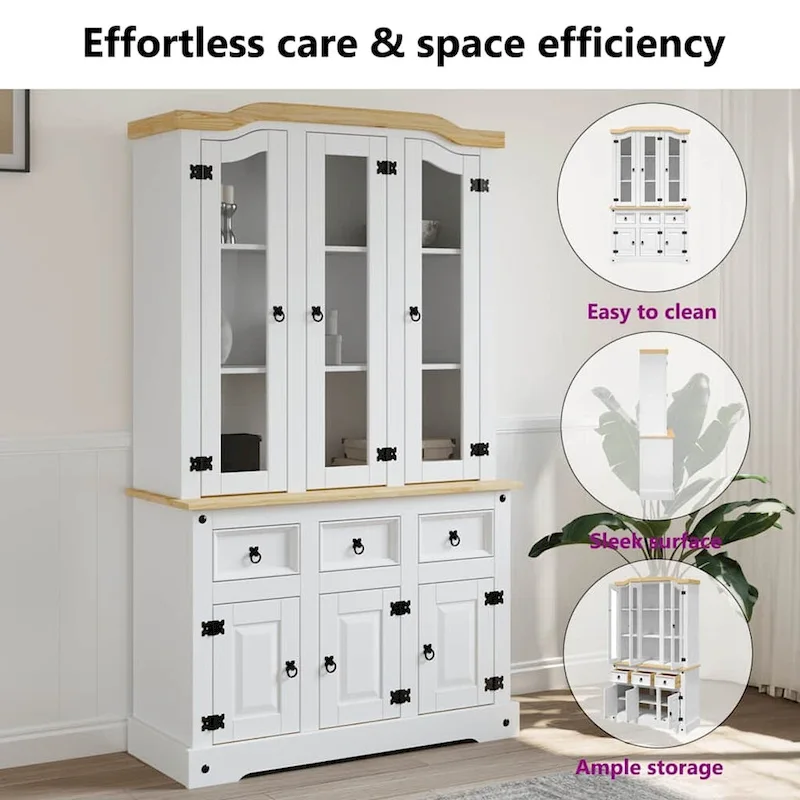 vidaXL Highboard, 44.1x17x77.2 Inches, White and Natural Finish Top - 44.1 x 16.9 x 77.2