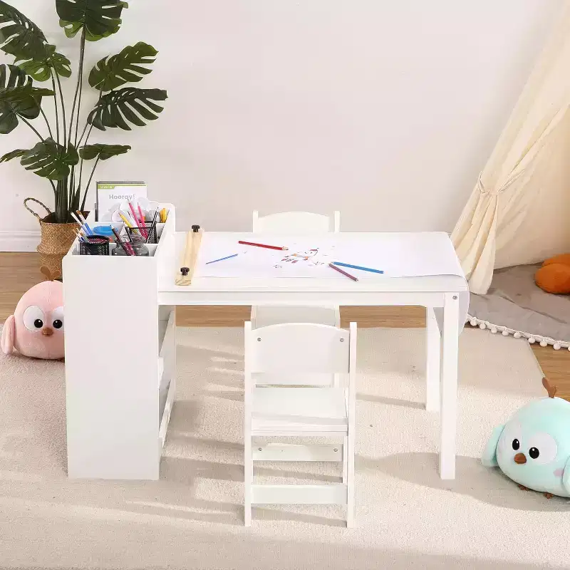Kids Art Table with 2 Chairs Set, Wooden Toddler Craft Desk with Storage Shelves, Kids Craft Tables for Ages 2-10, Activity Drawing Table