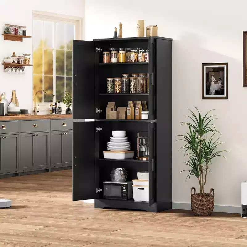70in Tall Kitchen Pantry Cabinet, Freestanding Storage Cabinet with 4 Doors and Adjustable Shelves, Large Utility Wooden Coffee Bar Cabinet