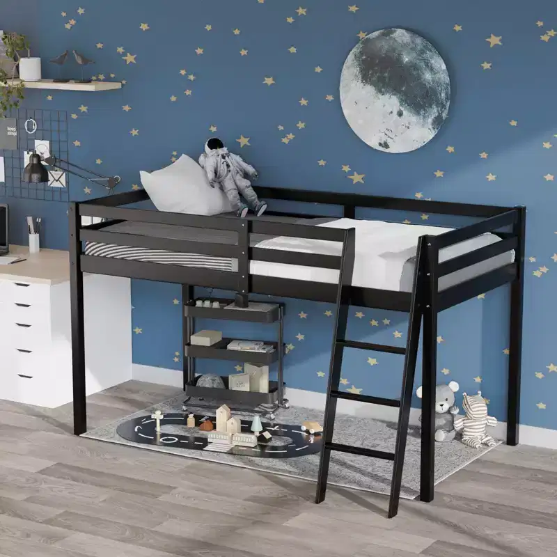 Karl Home Gray Wood Junior Loft Bed with Stairs Full Size for Adults, Kids and Young Teens