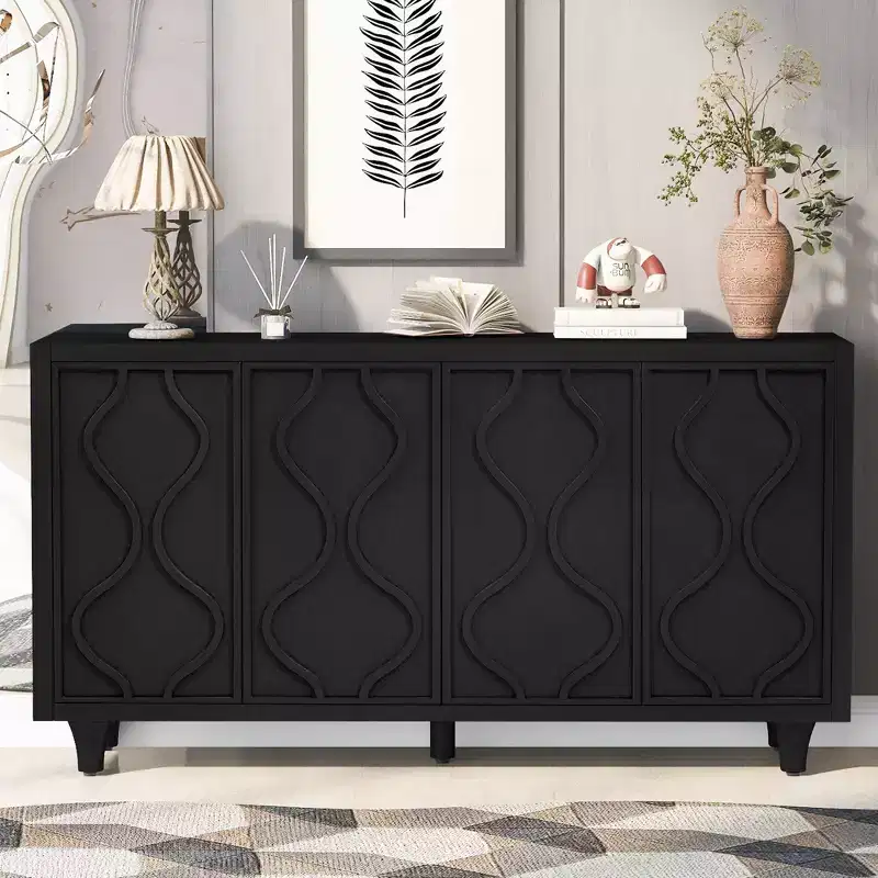 Okak Wooden Sideboard Buffet, Storage Cabinet with Embossed Curved Doors, Console Table for Kitchen Living Room Study