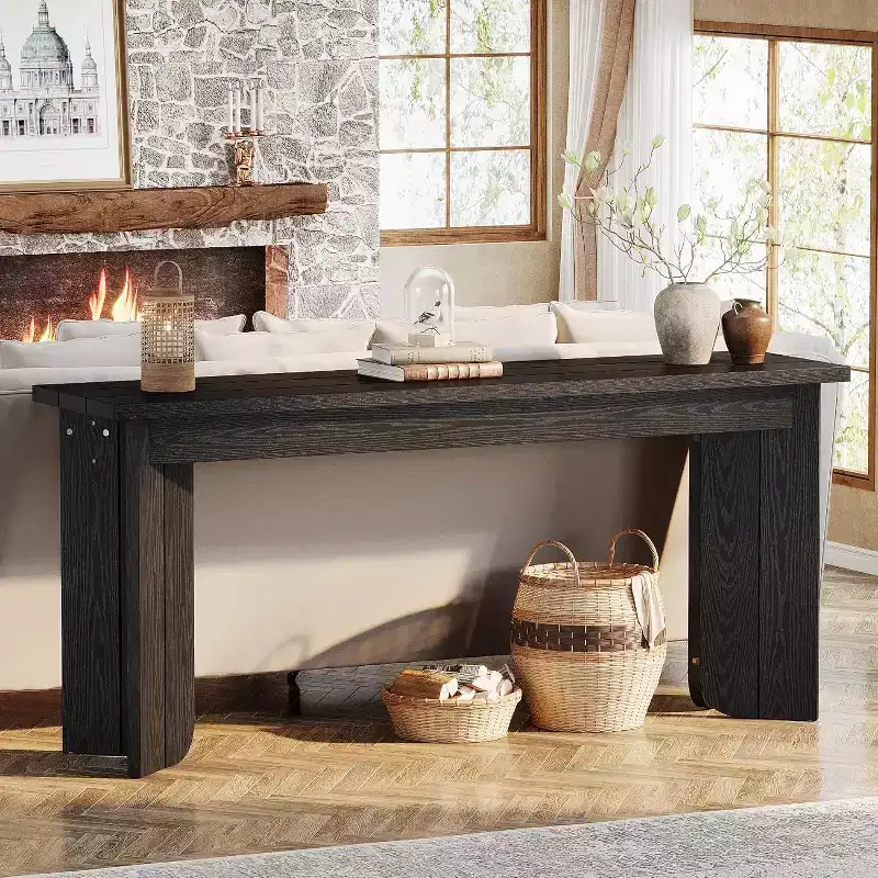 70.9-Inch Extra Long Farmhouse Console Table with Widened Tabletop, Sturdy Double Pedestal, for Living Room Entryway (Black)