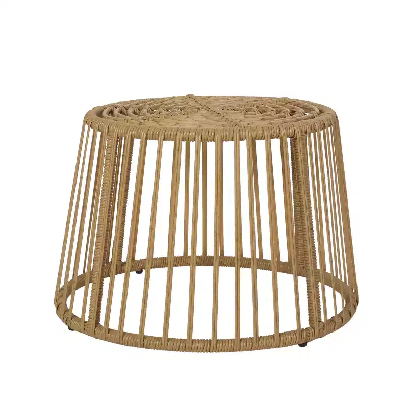 Round Rattan Patio Side Table, Bohemian Style Outdoor Indoor Accent Table for Garden Balcony Living Room