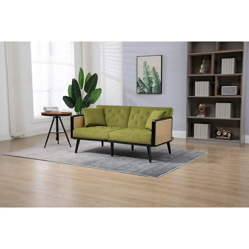 Velvet Upholstered Tufted Sleeper Loveseats Armsofa with Metal Feet