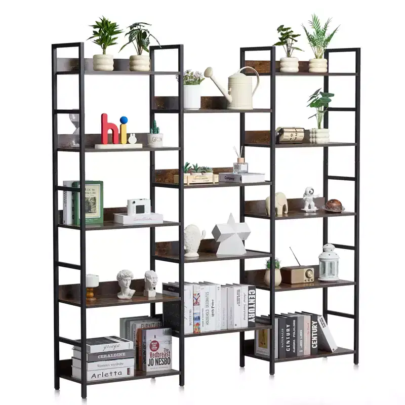 Triple Metal Bookshelf, 14-Tier Industrial Bookshelf, Large Rustic Vintage Storage Bookcase , Freestanding Display Shelving Brown