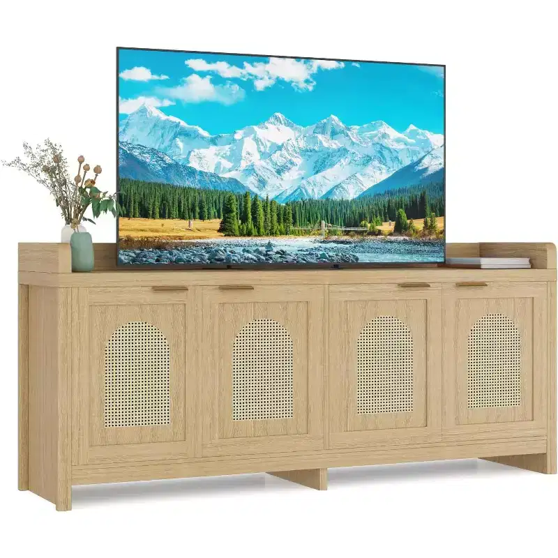TV Stand for 65 Inch TV, Wood Entertainment Center with Glass Door Storage Cabinet, Entertainment Center Console Table for TV for Living Room