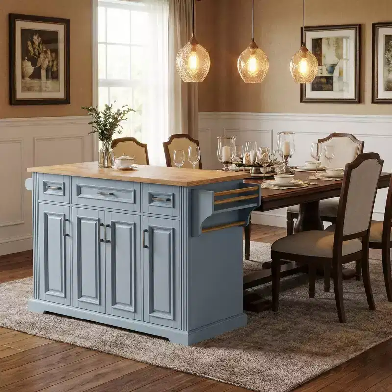 Rolling Kitchen Island with Wood Top and Storage Cabinets, Grey