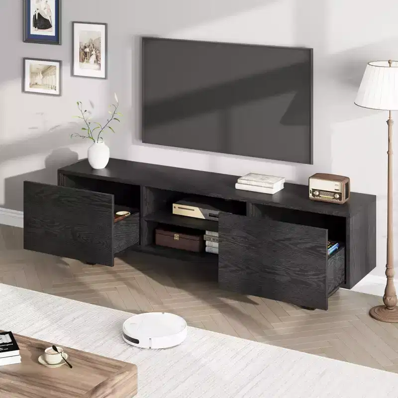 Industrial TV Stand for 80 in, Modern Entertainment Center with 2 Drawers, MDF Media Cabinet w/Elegant Wood Texture