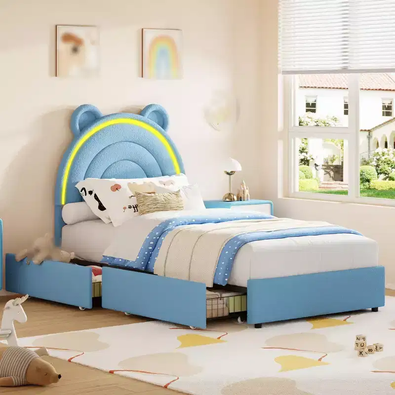 Twin Size Upholstered Platform Bed with 4 Drawers and LED Lights for Kids