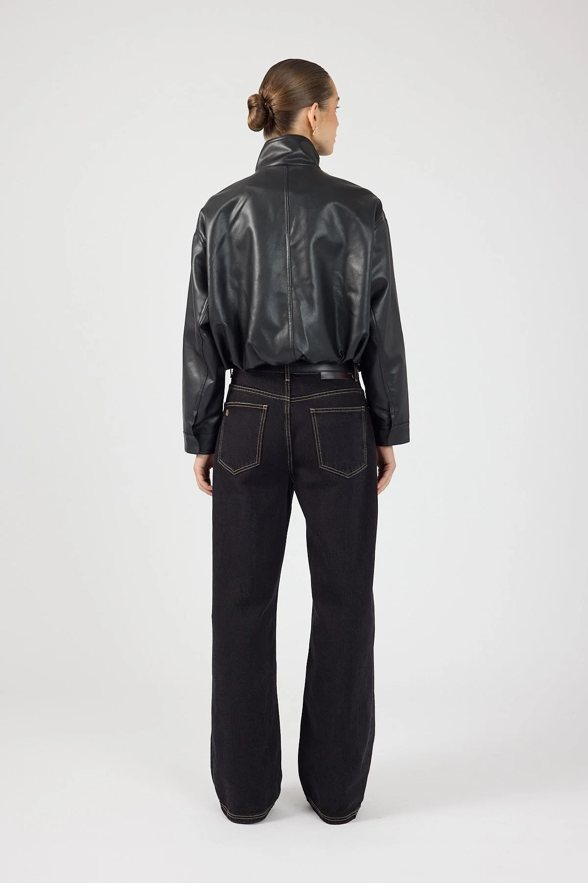 Funnel Neck Faux Leather Bomber Jacket Black