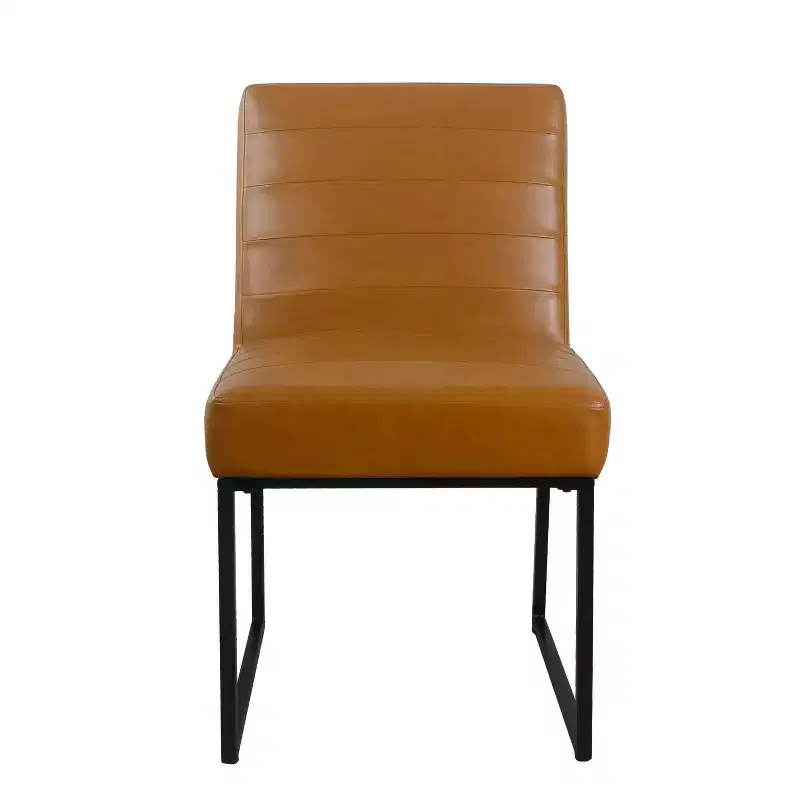Channeled Faux Leather Dining Chair with Metal Legs, Caramel