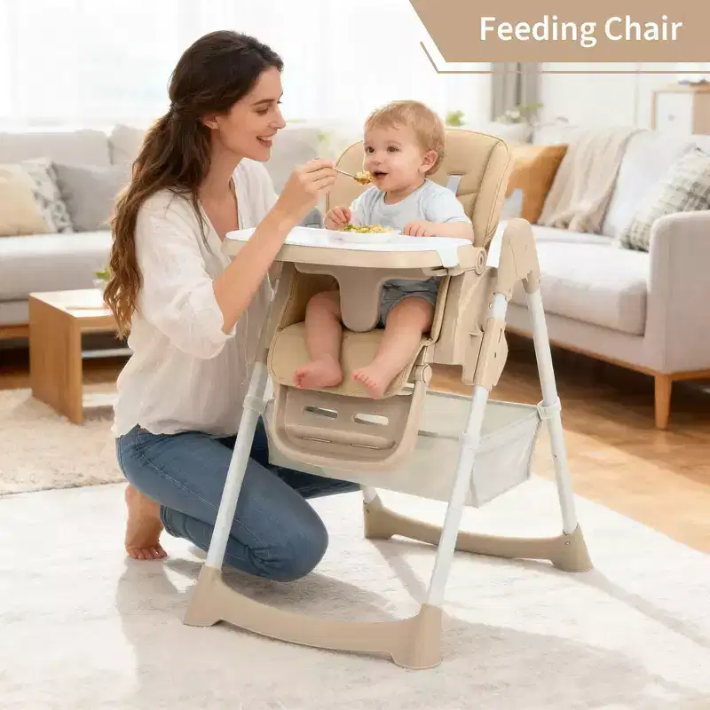 Foldable High Chair for 1, Champagne/Dark Gray/Light Gray, Upholstered, Adjustable Backrest & Tray