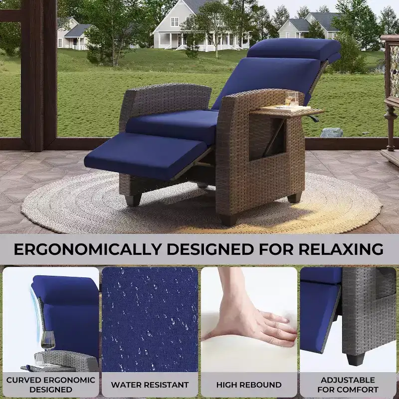 Patio Recliner Chair, Adjustable Back Footrest PE Wicker Weather Resistant with Flip Up Table Air Pump