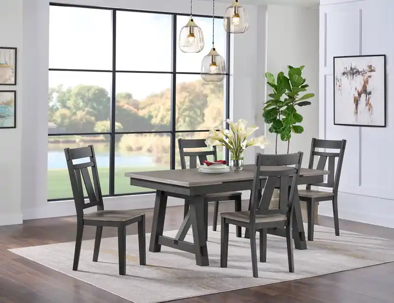 Dining Table with 66-94W Extension, Melamine, Trestle Base