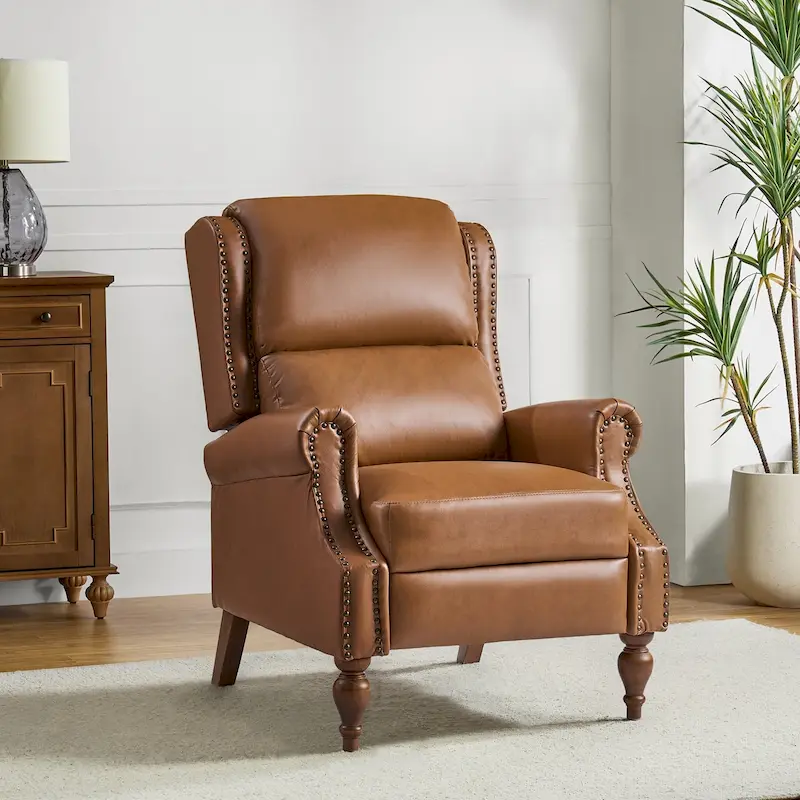 Traditional Vegan Leather Manual Push-Back Recliner, Padded Armrests, Solid Wood Legs, Living Room