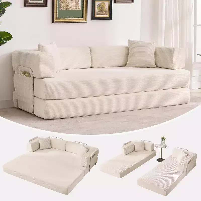 78.8'' Convertible Sleeper Floor Sofa Bed w/Pillows, 5-in-1 Corduroy Floor Couch, Folding Mattress Couch Loveseat with Fixed-Shape Frame, No Assembly
