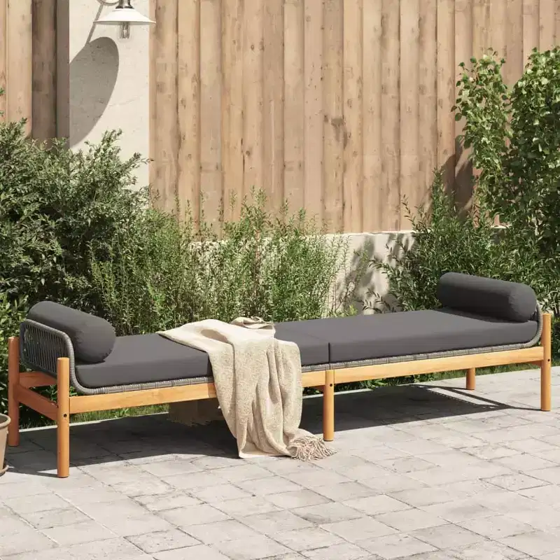 vidaXL Patio Bench with Cushion - Gray Poly Rattan/Acacia Garden Loveseat, Outdoor Bench with Removable Covers and Sturdy Frame, 85 x 21.9 x 18.9