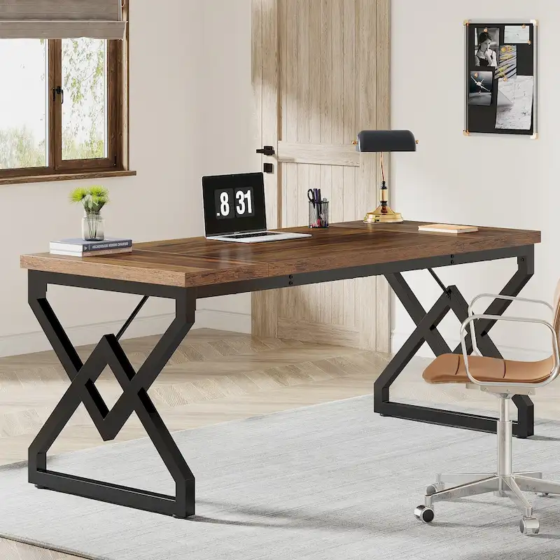 63-Inch Large Office Desk with Wooden Tabletop and Metal Frame
