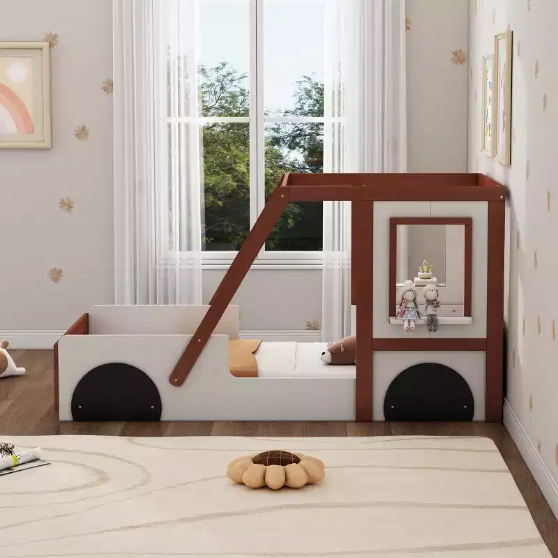 Cute Twin Size Car Bed, Twin Size Wooden Platform Bed in Car-Shaped for Boys Girls Bedroom, Orange