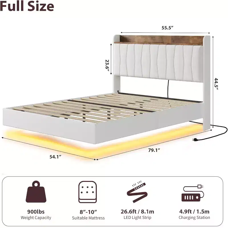 Bed Frame, Floating Platform Bed with Headboard, Charging Ports, Modern Upholstered Bedframe with Sturdy Wood Slats, No Box Spring Needed