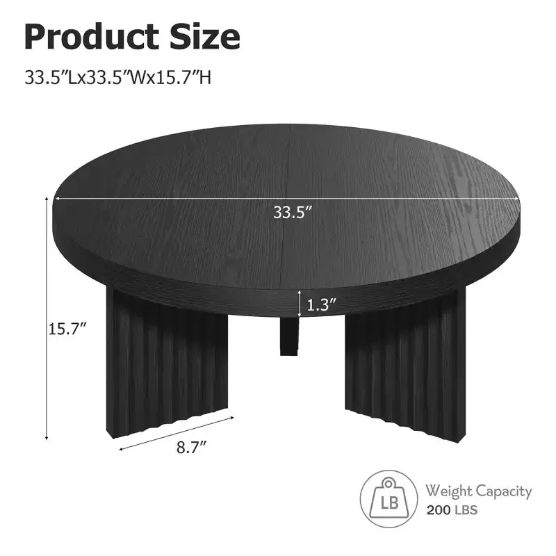 33.4 Inch Small Round Coffee Table with Thick Top Fluted Legs Accent Center Table for Living Room Bedroom, Easy Assembly