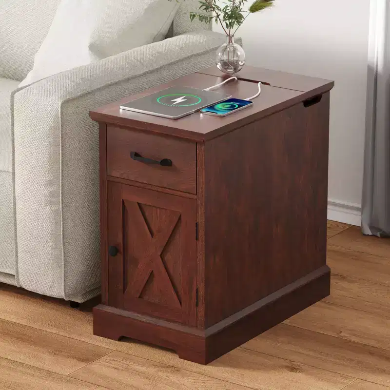 Rustic Farmhouse End Table with Charging Station & Storage Shelves Perfect for Small Space