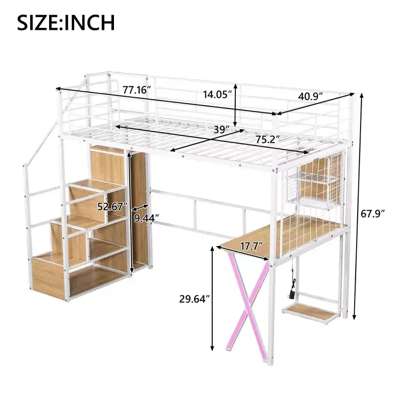 Metal Loft Bed with Desk, Wardrobe and LED Lighting