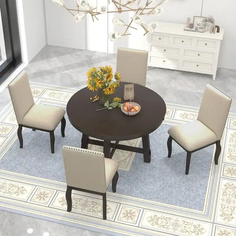 5-Piece Wooden Dining Table Set with Extendable Round Table & 4 Chairs