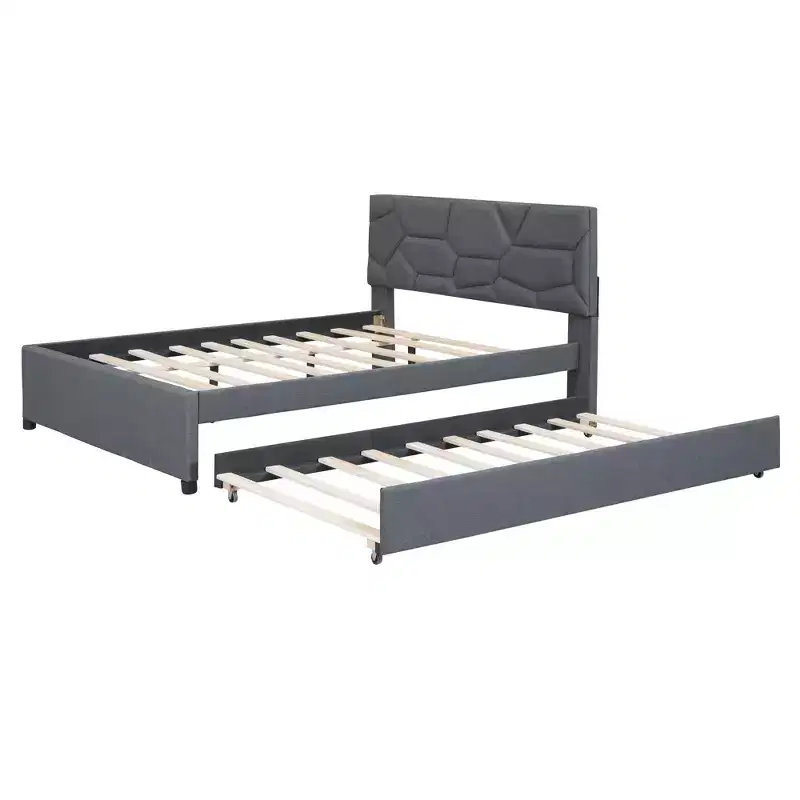 Luxury Linen Upholstered Bed with Stylish Brick Headboard & Twin XL Trundle - Dream Bedroom Essential