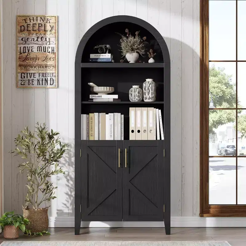 Arched 5-Tier Bookcase with Doors, Modern Display Shelf & Storage Cabinet for Home Office, Living Room or Library