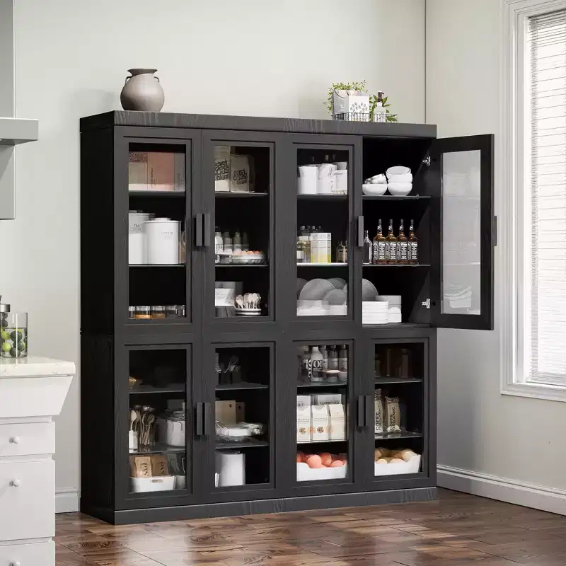 67x62x16 Wood Accent Sideboard Cabinet in Black, Storage Organizer with Adjustable Shelves and Glass Doors for Kitchen Bedroom Living/Dinning Room
