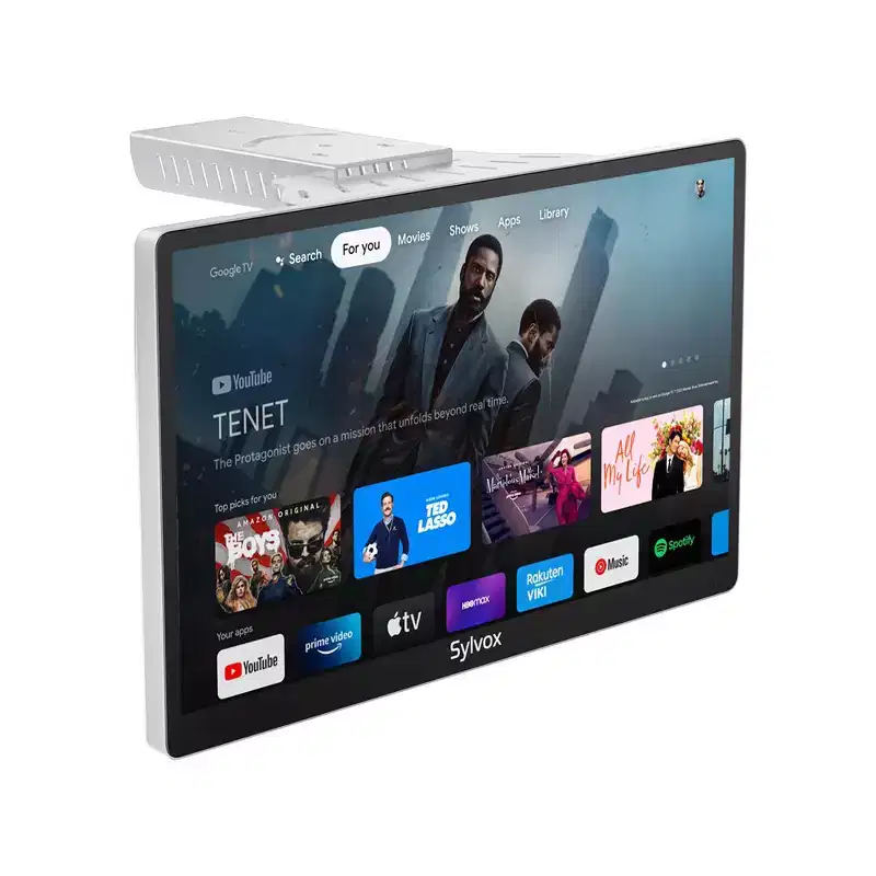 SYLVOX 15.6 Smart Kitchen TV, 1080P FHD Flip-Down Under Cabinet TV, Newest Google TV with App Store, Google Assistant, 12-Volt Smart TV for Kitchen