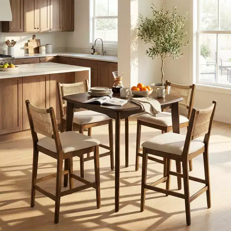 Christopher Knight Home La Modern 5 Piece Rubber Wood Upholstered Counter Set with Square Table and Rope Design