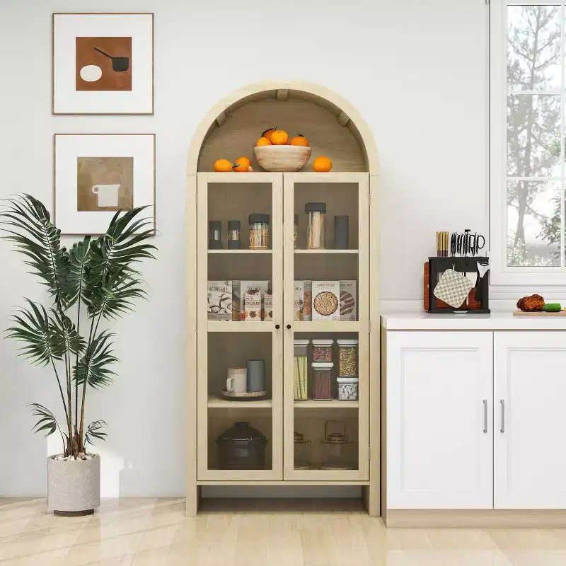 70 Modern Arched Display Cabinet with Glass Doors, Natural Kitchen Storage Cabinet for Dining Room, or Living Room-Panipeachy