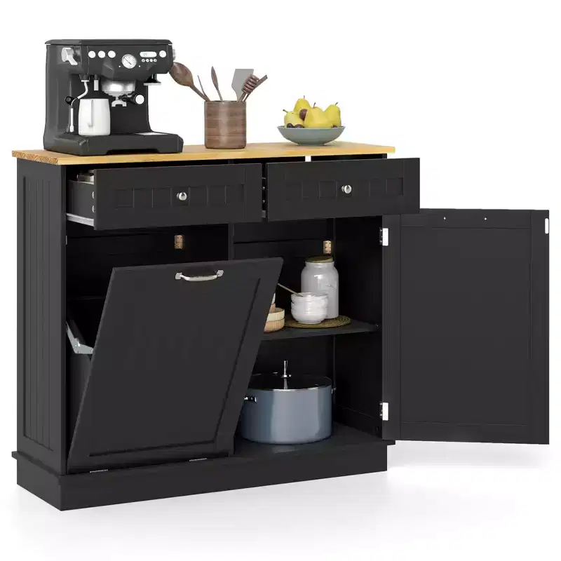 Costway Wooden Kitchen Trash Cabinet Tilt Out Bin Holder w/ Drawer & Storage Shelf Black/White/Coffee/Gray
