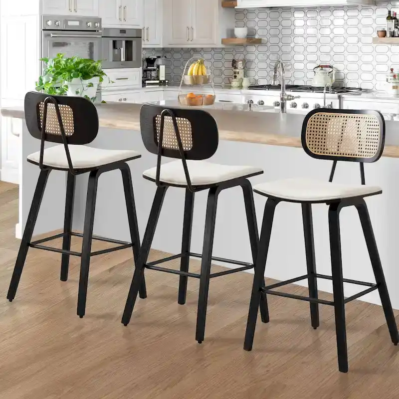 26-inch Wood Counter Height Bar Stools with Rattan Back