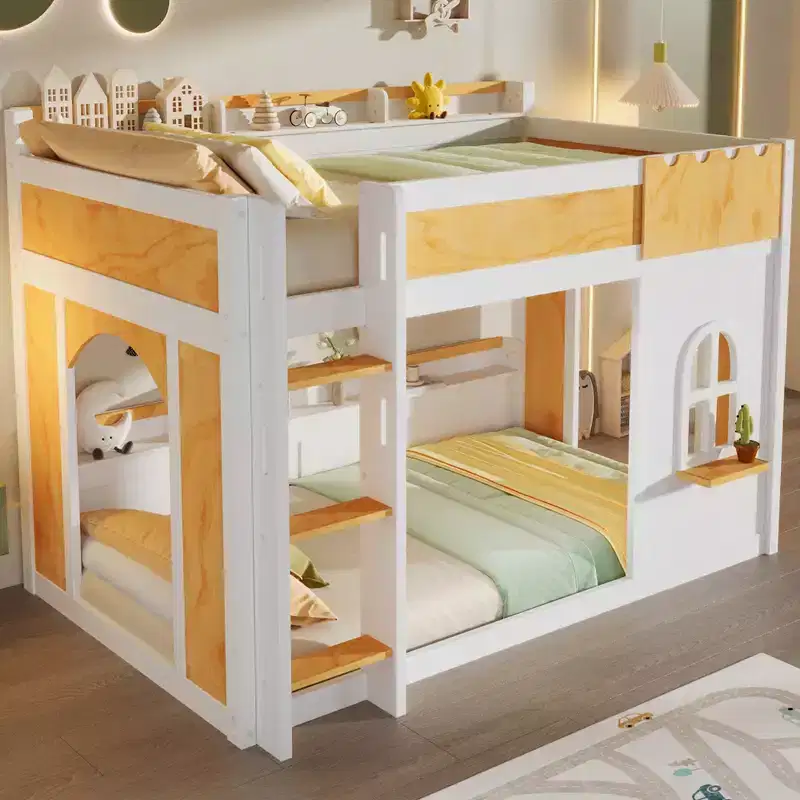 Space-Saving Bunk Bed with Built-In Storage Shelves and Playful Window, Solid Pine Wood