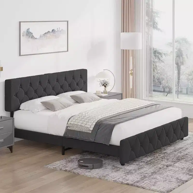 Full Size Bed Frame, Upholstered Platform with Adjustable Headboard, Linen Fabric Wrap, USB Ports, No Box Spring Needed, Easy Assembly, Light Gray