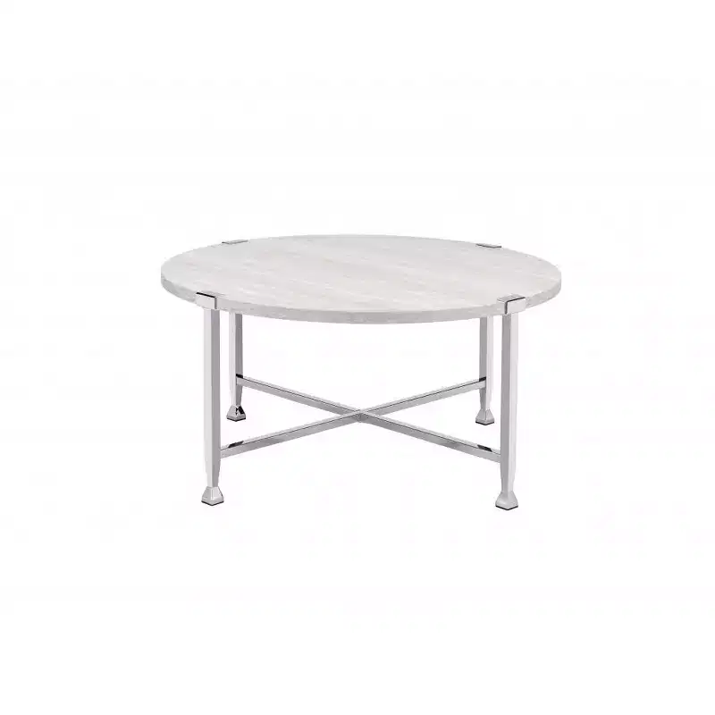 HomeRoots 36 White and Silver Metal Round Cross Legs Coffee Table