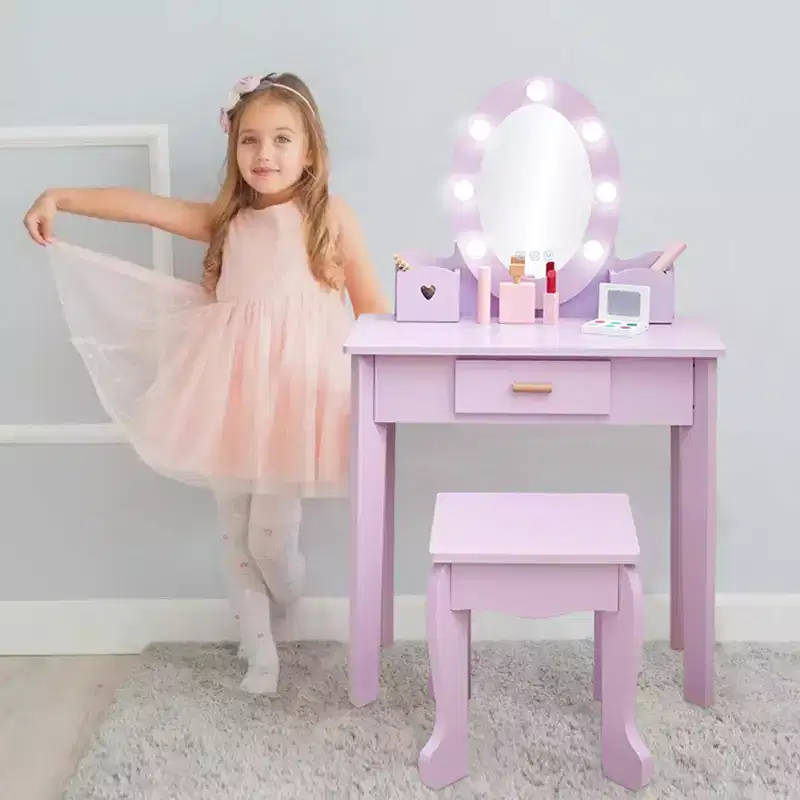 Kids Vanity with Lighted Mirror, Toddler Vanity Table and Chair Set, Girls Makeup Playset, Purple