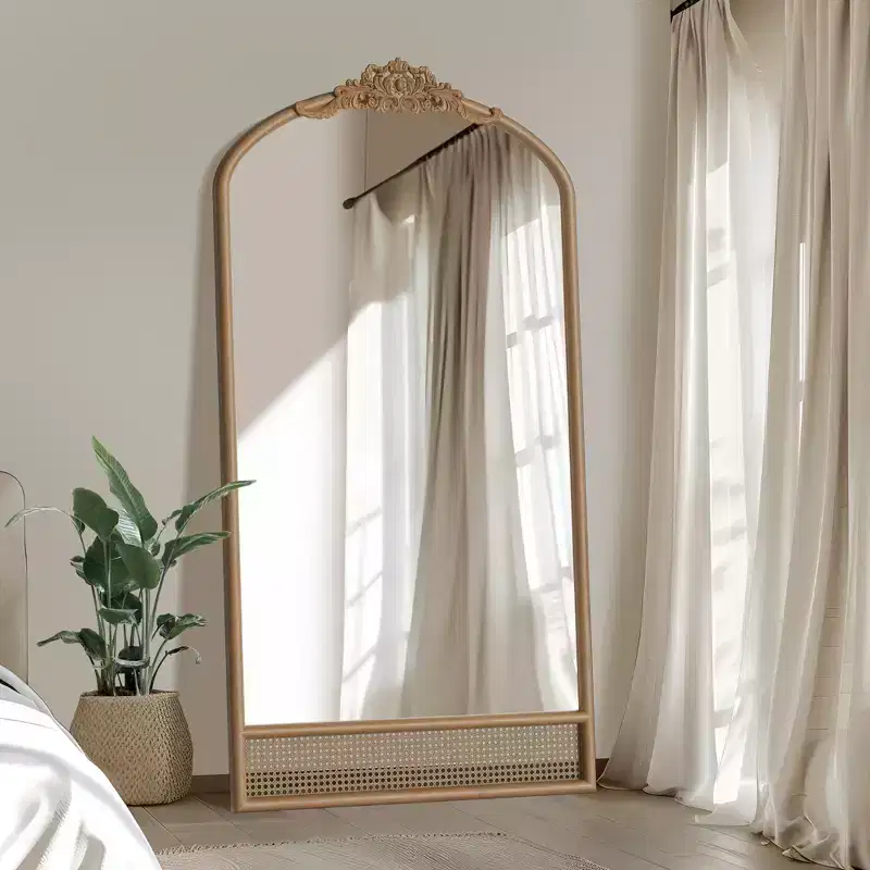 Solid Wood Carved Flower Vine Straight Angle Micro Block Brown Full-length Mirror 180x93x4cm (Without Bracket)