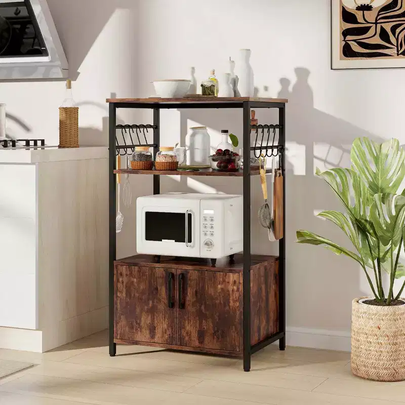 Costway 3-Tier Kitchen Bakers Rack with Cabinet 2 Open Shelves 10 S-Shaped Hooks