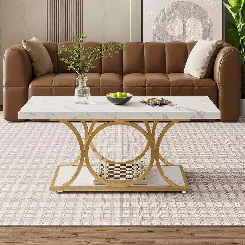 MAYEERTY 2-Tier Modern Coffee Table, White Faux Marble Top & Gold Metal Legs for Living Room