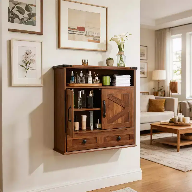 Farmhouse Bathroom Wall Cabinet with Barn Doors & Drawers, 5-Tier Wood Medicine Storage Organizer, Double Door Adjustable Shelf for Kitchen